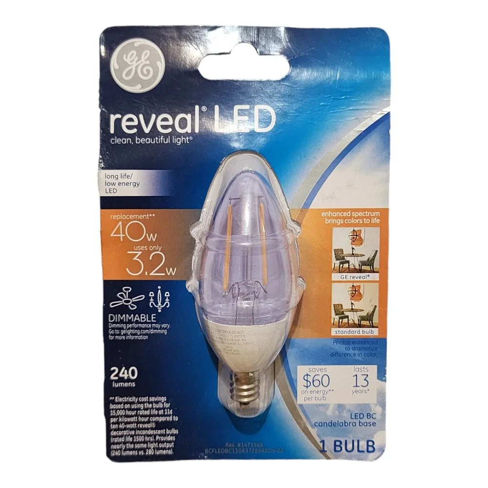 GE Reveal Dimmable Candelabra Base‎ BC Shape LED Light Bulb 240 Lumens 3w